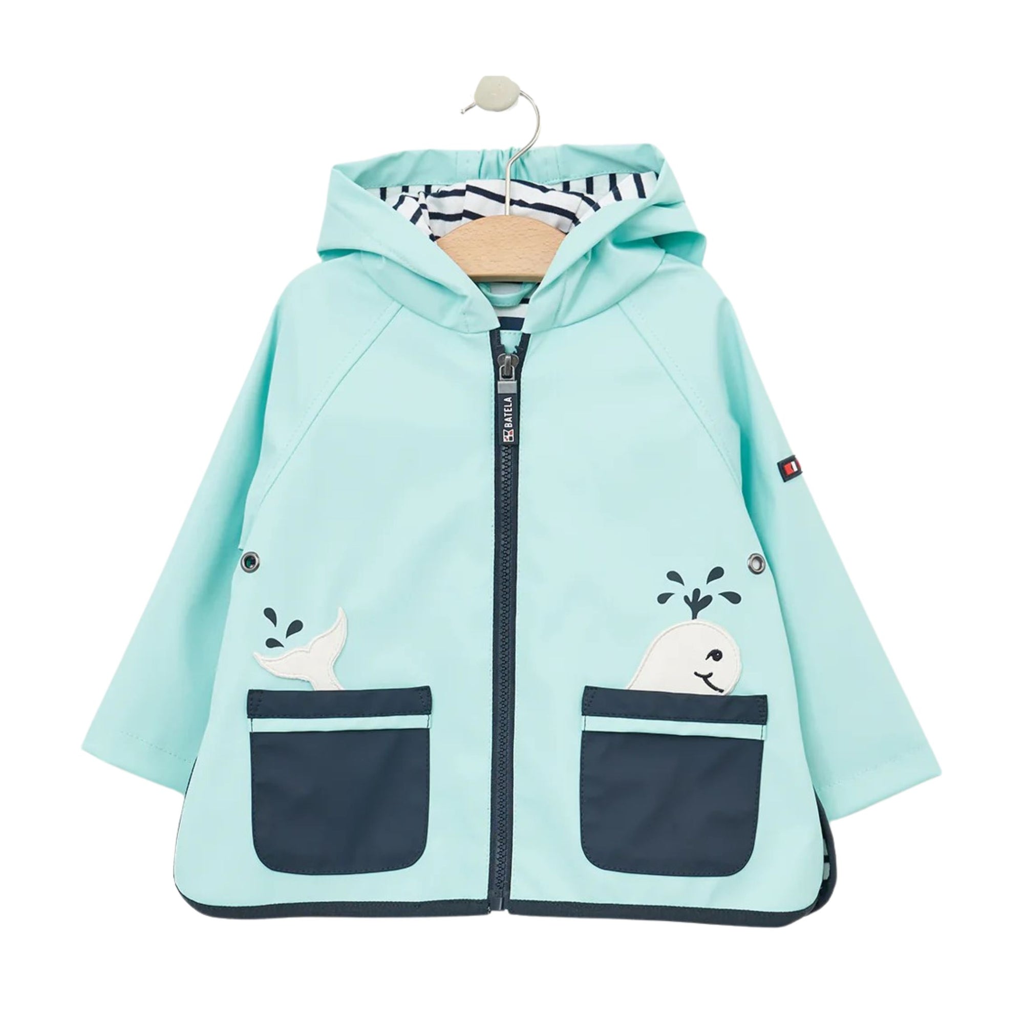 Babys Rain Jacket with Whale Pockets and Stripe Cotton Lining