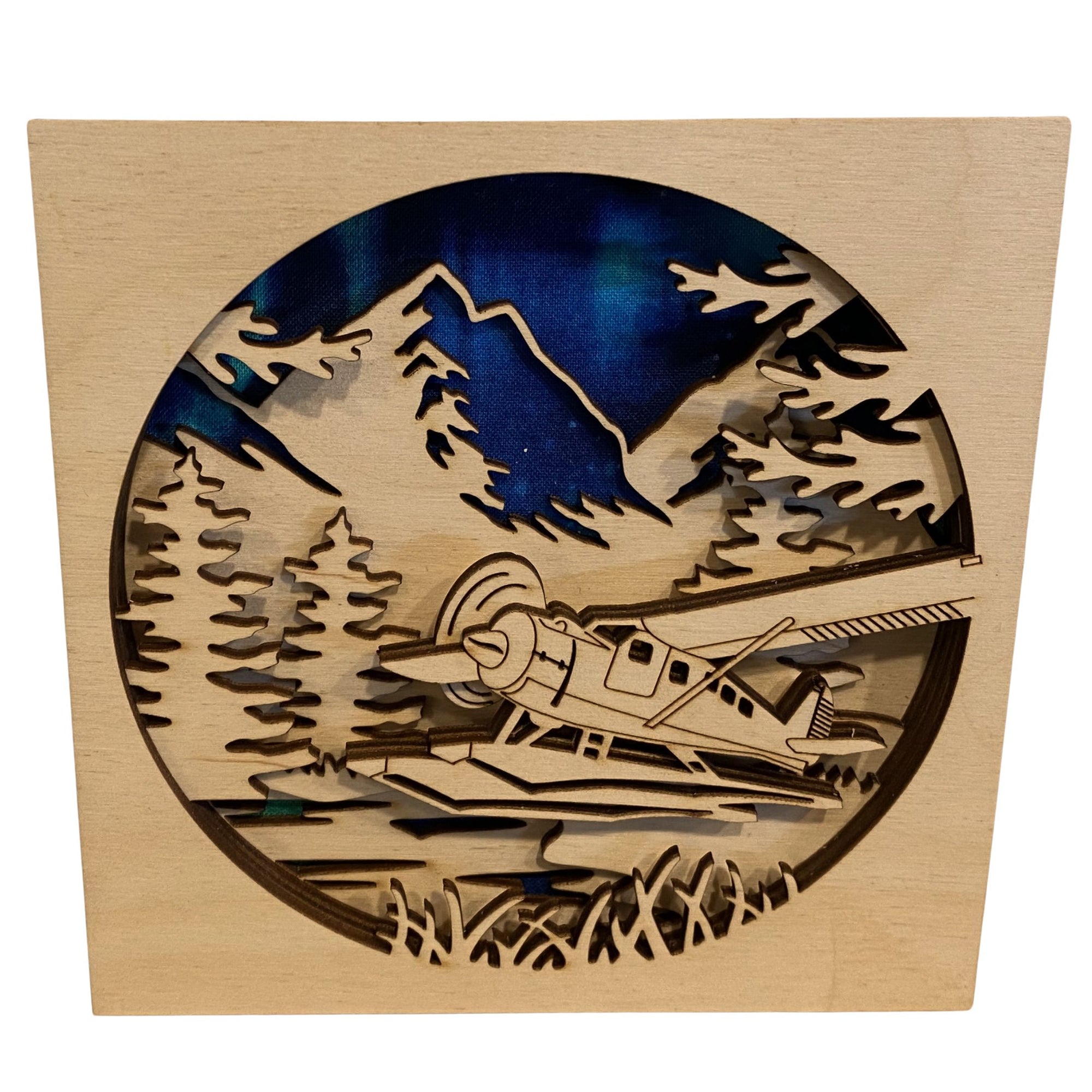 Laser-cut Wood Beaver on Floats Shadow Box