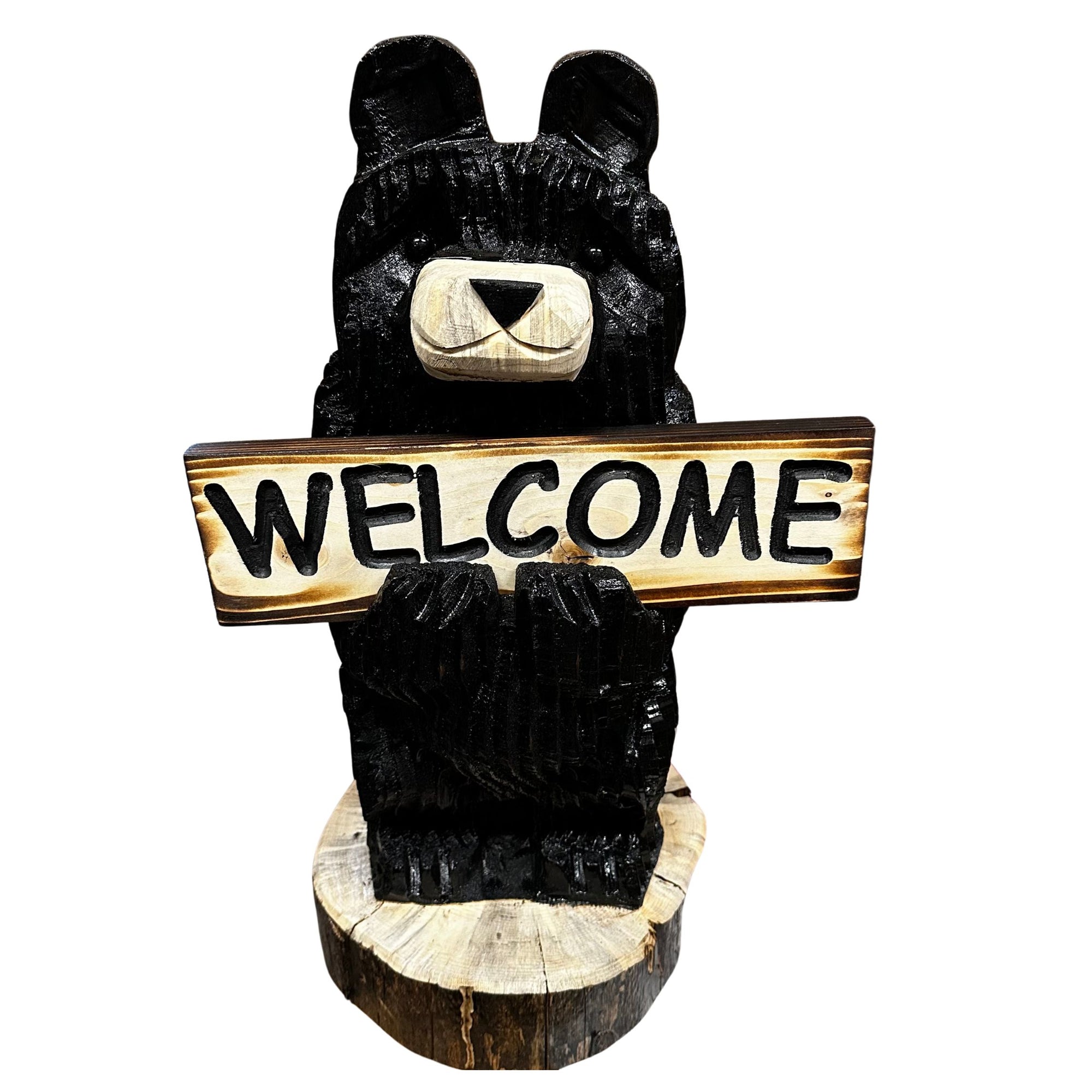 Wood Carved Bear Holding 2 Sided Sign - 18in