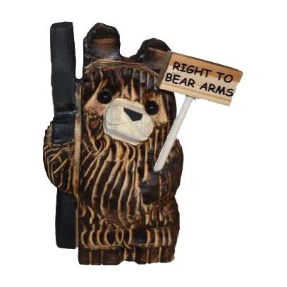 Wood Carved Bear With Gun Holding Sign