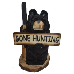 Wood Carved Bear With Gun Holding Sign