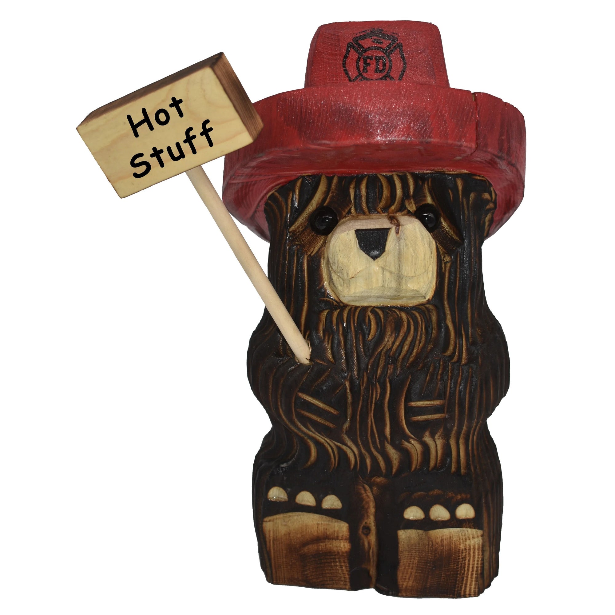 Wood Carved Firefighter Bear with Sign