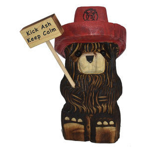 Wood Carved Firefighter Bear with Sign