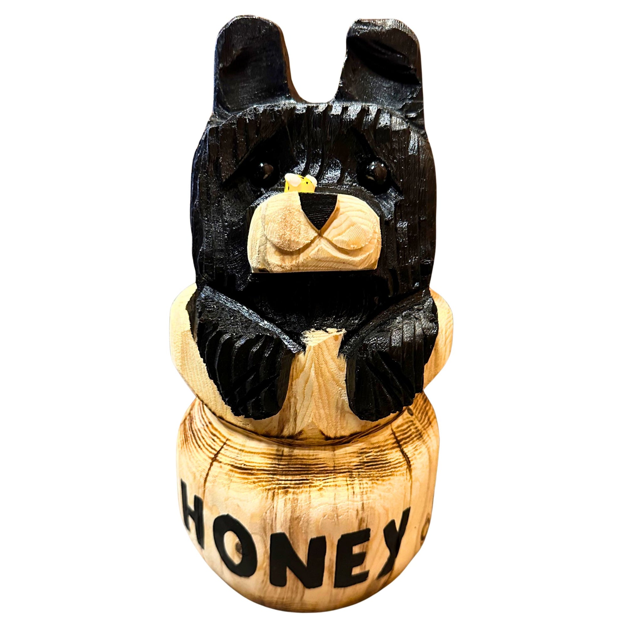 Wood Carved Bear in Honey Pot 10in