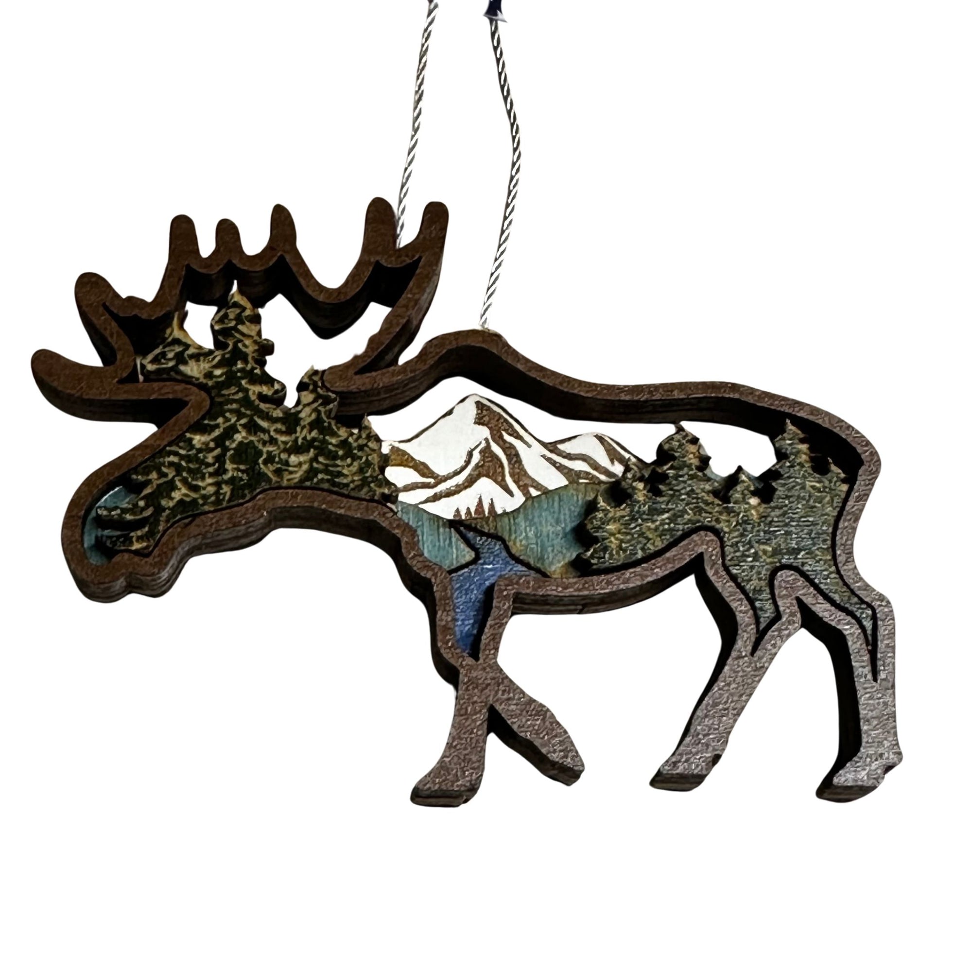 Blue Moose Silhouette with Mountain Peaks Ornament