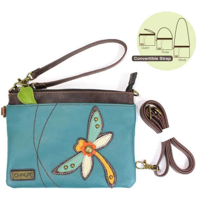 CHALA BLUE TEAL GREEN DRAGONFLY CRESCENT CROSSBODY TOTE BAG PURSE