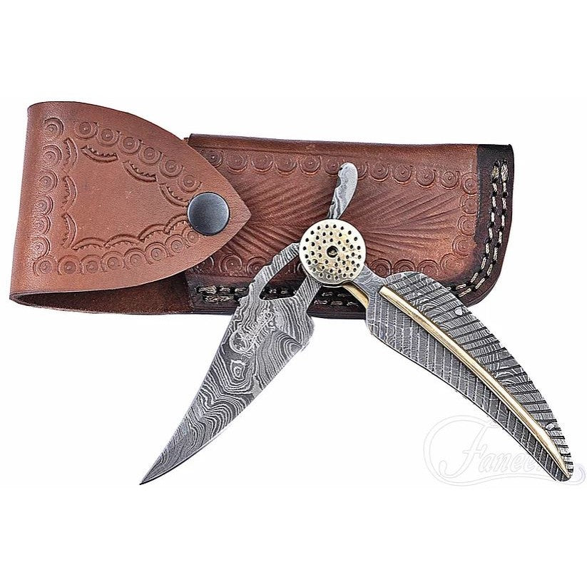  Handmade Damascus Steel Pocket Knife - Folding Knive - Damascus  Blade and Handle with Brass Fitting Leather Sheath Included Hunting Outdoor  Camping (Leaf Style Handle) : Sports & Outdoors